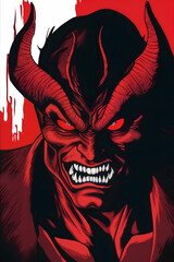 The demonic character is smiling in close-up, with evil red eyes