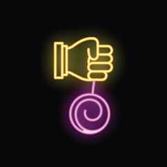 Neon sign of a hand holding a yo yo, glowing in the dark with vibrant colors
