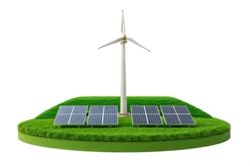 Green land energy setup with solar panels and wind turbine isolated on PNG Background