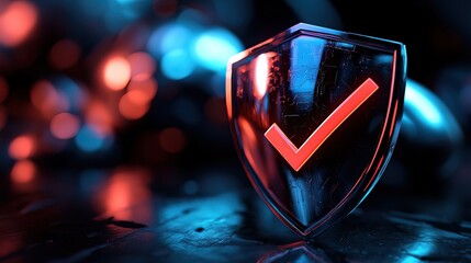 A sleek shield icon with a check mark, illuminated in blue and red tones, symbolizing security and validation in a digital context.