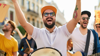 group of energetic musicians leading lively protest with drums and guitars, expressing joy and unity on sunny day in urban street setting