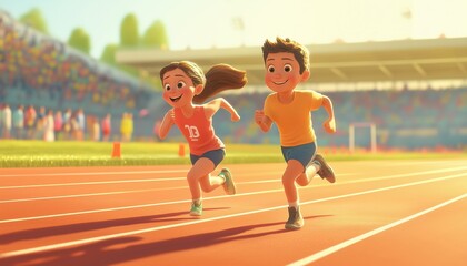 Fototapeta premium Children Engaging In Healthy Sport Activity At An Athletics Competition: Running On Outdoor Track As Young Athletes Train And Exercise.