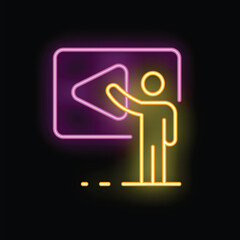 Businessman is pointing at a left arrow in this neon style illustration