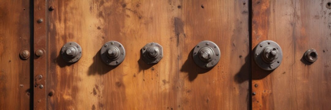 Rusted metal surfaces with visible bolts and screws, mechanical decay, rusty metal