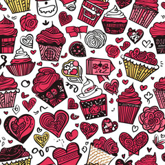 Colorful Valentine's Day Pattern with Cupcakes, Hearts, and Sweets in Red and Pink Tones
