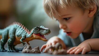 Young Boy Engages In Educational Play With Realistic Toy Dinosaurs: A Fun Introduction To Fossils, Reptiles, Evolution, And Paleontology.