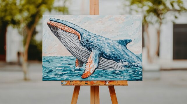 World whale day with marine and habitat idea. Whale painting displayed on an easel in an outdoor setting.