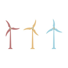 windmill. three windmills in maroon, orange, and light blue. renewable energy theme. environmental theme. vector illustration