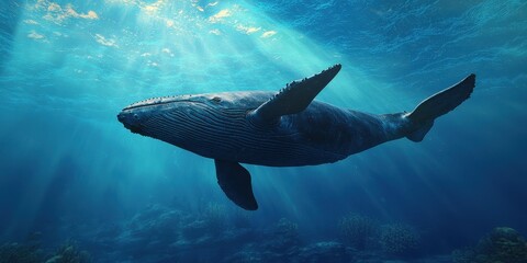 Naklejka premium World whale day with marine and habitat idea. Majestic whale swimming in sunlit ocean waters.