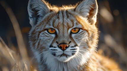 Obraz premium Close-up of a lynx with striking amber eyes amidst a blurred natural background