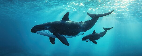 World whale day with marine and habitat idea. Two whales swimming gracefully in clear ocean waters.
