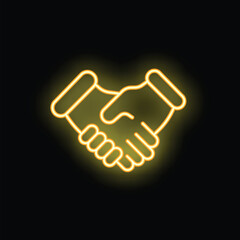 Obraz premium Glowing yellow neon icon of two people shaking hands, symbolizing business agreement, partnership, and success