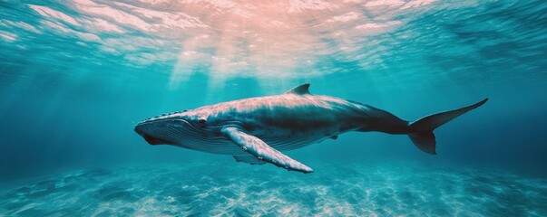 Obraz premium World whale day with marine and habitat idea. Majestic whale swimming in clear blue ocean waters.