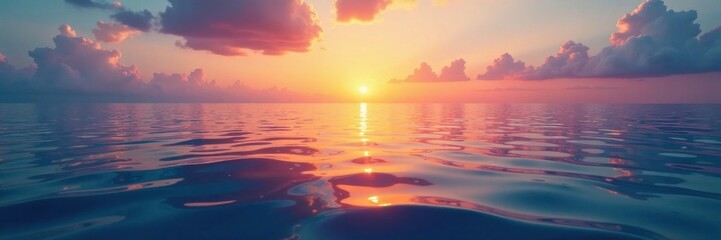 Fototapeta premium Sunset over calm blue water with wavy surface, sunset, blue