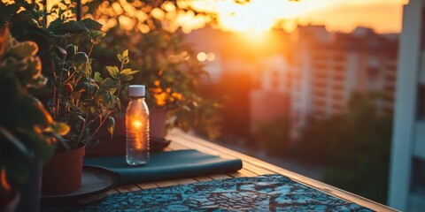 Serene Sunset Over Urban Balcony with Potted Plants and a Glass Water Bottle Captured in Warm Golden Light.