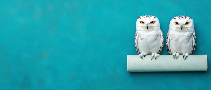 Two charming white owls perched on a roll of paper against a teal backdrop. Their curious expressions and striking features make for an engaging and delightful image.