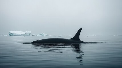 Naklejka premium World whale day with marine and habitat idea. Whale swimming in misty water near icebergs.