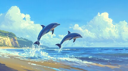 Two dolphins leap joyfully over ocean waves near a sandy beach and cliffs under a sunny sky; ideal for travel brochures