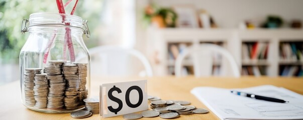 Fototapeta premium financial planning debt tools concept. Jar of coins with a dollar sign and a notepad on a table, symbolizing savings and financial planning.