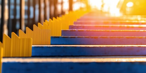 Obraz premium financial planning debt tools concept. Sunset light illuminates colorful wooden steps leading to a pier, creating a warm, inviting atmosphere.