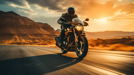 Naklejka premium Motorcycle Adventure on a Scenic Highway at Sunset