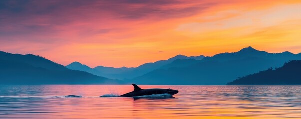 Fototapeta premium World whale day with marine and habitat idea. Serene sunset over water with a swimming whale silhouette.