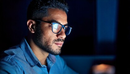 Obraz premium Close-up of a man wearing glasses, working on a computer at night. The scene is illuminated by the glow from the screen and the light reflecting off the lens.