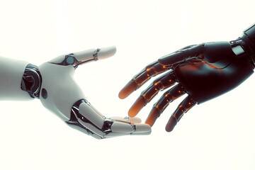Two bionic hands, one white and one black, reaching toward each other in a futuristic gesture of connection against a minimalistic bright background.