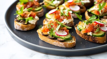 Deliciously crafted appetizer platter featuring crostini topped with fresh vegetables and spreads at a gathering