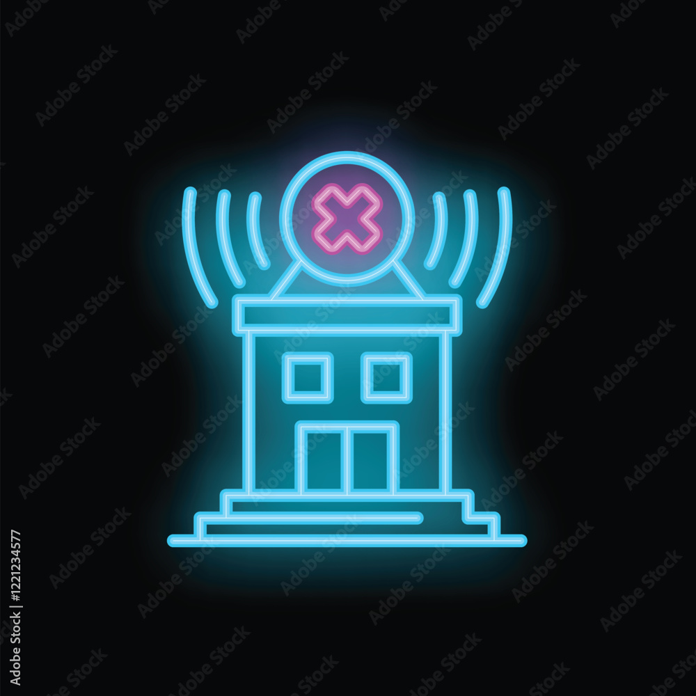 Poster neon style icon depicting a building with no wireless network signal, ideal for concepts such as int