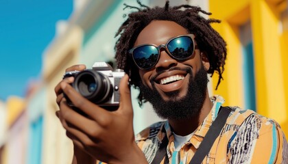 African American Tourist Capturing Photos Outdoors With A Camera. Enjoying Sightseeing And Exploring New Places. Embracing The Beauty Of Nature.