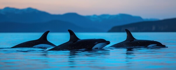 Fototapeta premium World whale day with marine and habitat idea. Three whales swimming in tranquil blue water at sunset.