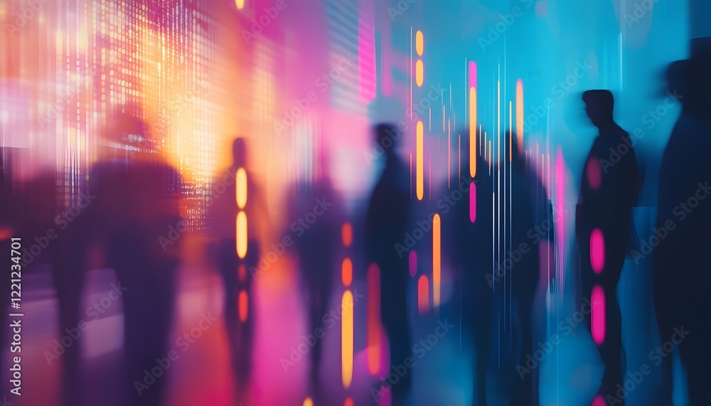 Poster abstract representation of diverse silhouettes of people in front of a colorful digital backdrop wit