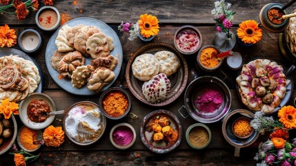 Fototapeta premium Colorful Celebration of Traditional Indian Sweets and Savories on Rustic Wooden Table with Fresh Flowers and Vibrant Spices.