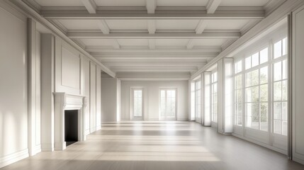 A light and airy empty room featuring a fireplace, panoramic window, and a column, offering a spacious and elegant setting ideal for customization and design.