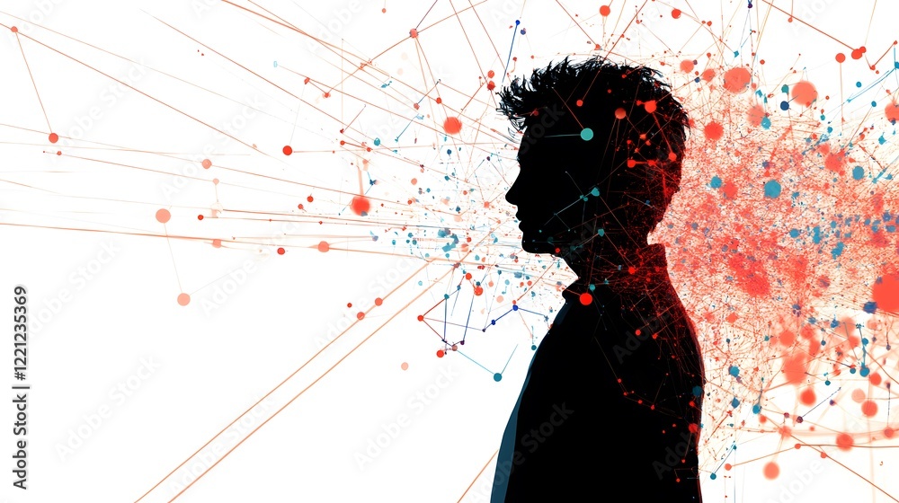 Poster Abstract Representation of a Silhouette of a Person with Colorful Data Points and Lines, Symbolizing Ideas, Creativity, and Information Flow in a Modern Digital World
