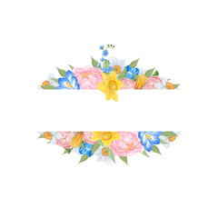 Obraz premium Watercolor Spring Floral Banner with Peonies, Daffodils & Crocuses – Hand-Painted Botanical Design for Invitations & Cards