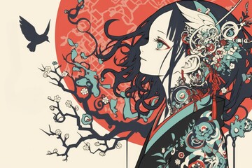 Obraz premium Anime Girl with Red Sun and Blossoming Branches