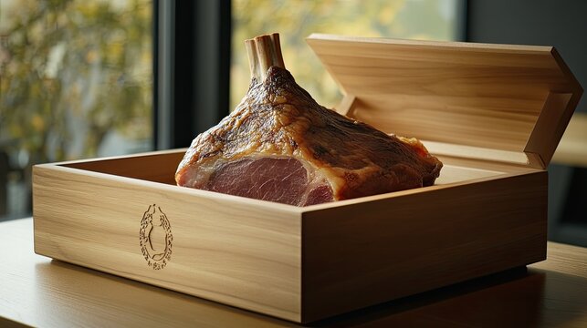 Dry-aged ham in a sturdy wooden box with branding etched into the lid, ready for delivery.