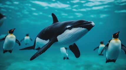 World whale day with marine and habitat idea. Underwater scene with whale and penguins swimming together.