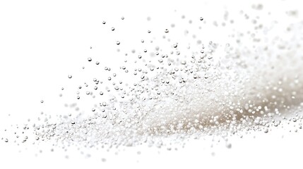 A close-up shot of a water droplet breaking apart into tiny, sparkling splashes, captured in sharp focus on a white background, emphasizing each individual splash