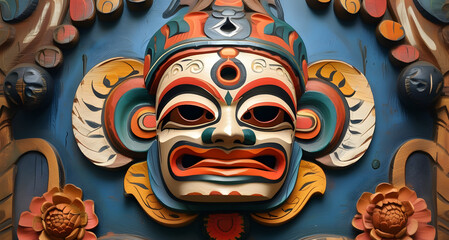 Traditional ethnic Hindu face mask. A background composition of totem masks.