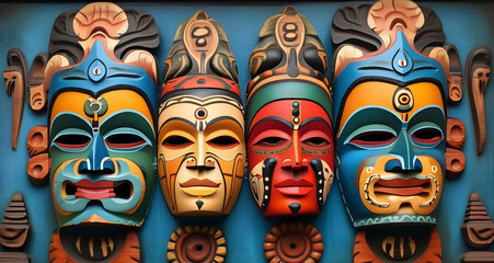 Traditional ethnic Hindu face mask. A background composition of totem masks.