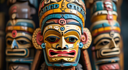 Traditional ethnic Hindu face mask. A background composition of totem masks.