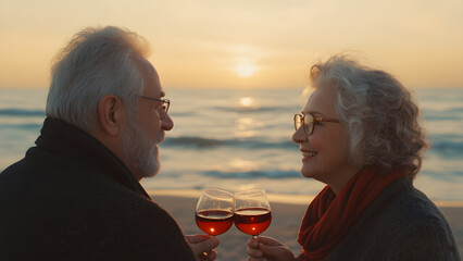 An adult married couple is having dinner by the sea at sunset. Romantic atmosphere and nostalgia. Family love and happiness to be together.