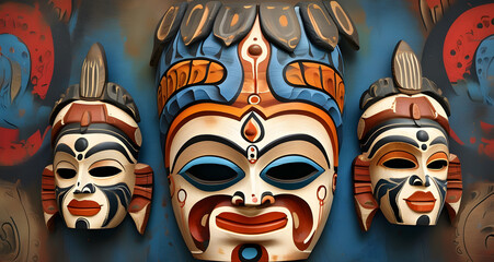 Traditional ethnic Hindu face mask. A background composition of totem masks.