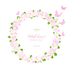 wreath of white flowers and leaves. round frame of apple blossoms and pink butterflies. with love mother day
