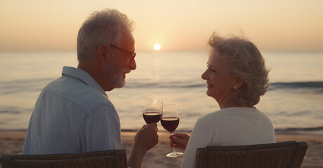 An adult married couple is having dinner by the sea at sunset. Romantic atmosphere and nostalgia. Family love and happiness to be together.
