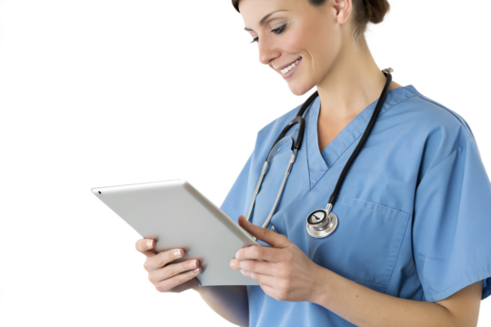 Beautiful doctor using tablet transparent background
 - Powered by Adobe
