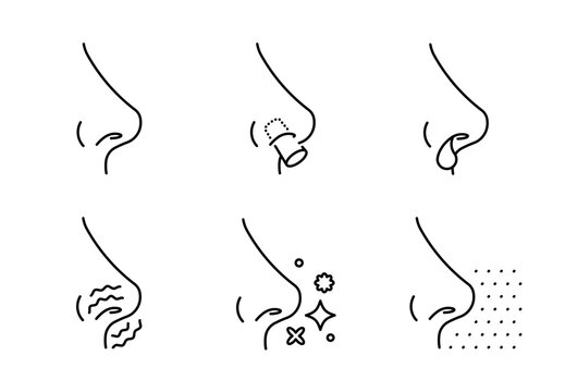 Nose line icon set - hygiene, allergy, flu, cold, irritation, pollen, snot, runny nose. Linear illustration, editable stroke icon